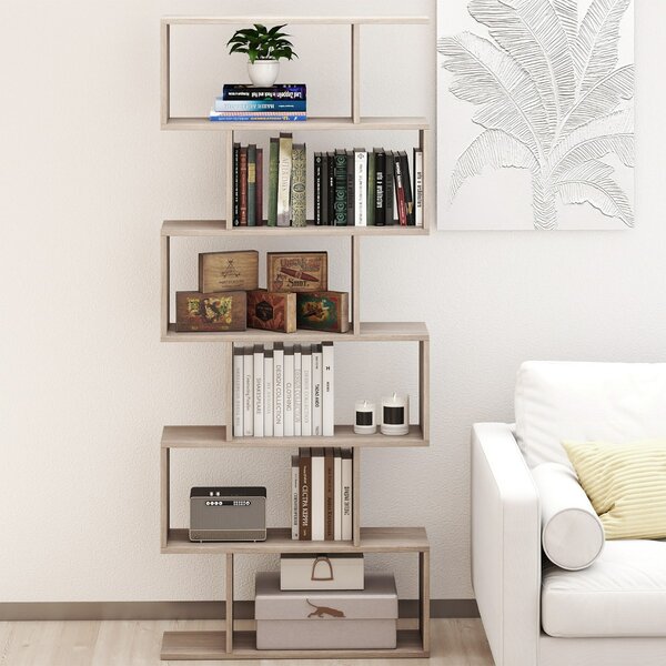 Costway Libreria a 6 livelli a forma di S con dispositivo antiribaltamento, Scaffale di legno per casa e ufficio Grigio chiaro