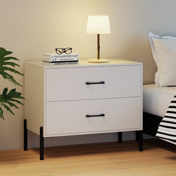 Costway Cassettiera 2 cassetti comodino moderno gambe maniglie metallo, Cassettiera 2 cassetti kit anti-ribaltamento Bianco