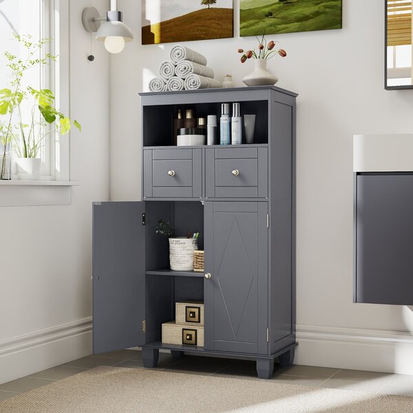 Costway Mobile da pavimento organizzatore autoportante con ante, Mobile da pavimento cassetti in legno massiccio Grigio