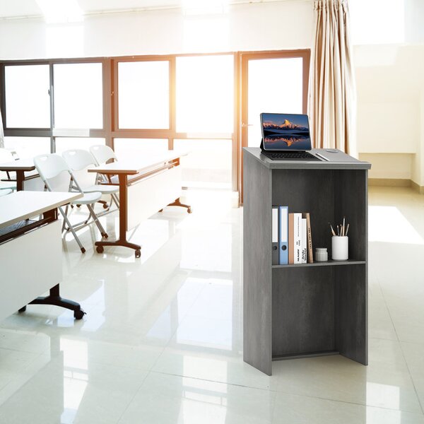 Costway Leggio da 117 cm per oratori con ripiani e fori per cavi, Leggio da pulpito per chiesa in legno per aula Grigio