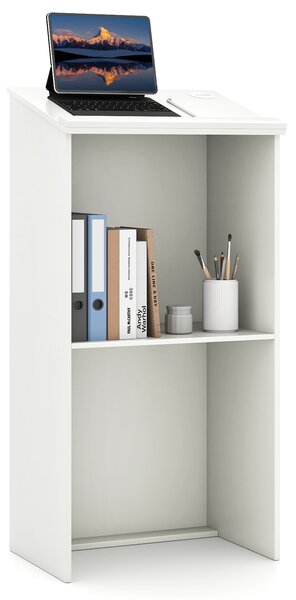 Costway Leggio da 117 cm per oratori con ripiani e fori per cavi, Leggio da pulpito per chiesa in legno per aula Bianco