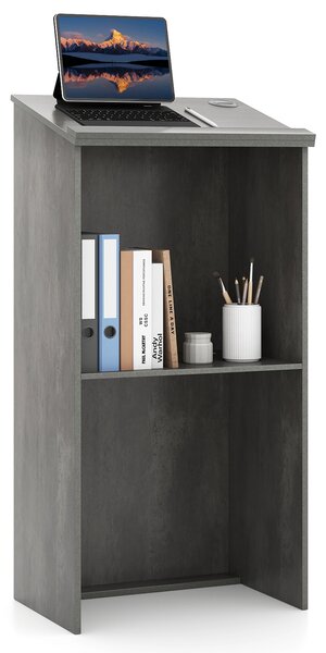 Costway Leggio da 117 cm per oratori con ripiani e fori per cavi, Leggio da pulpito per chiesa in legno per aula Grigio