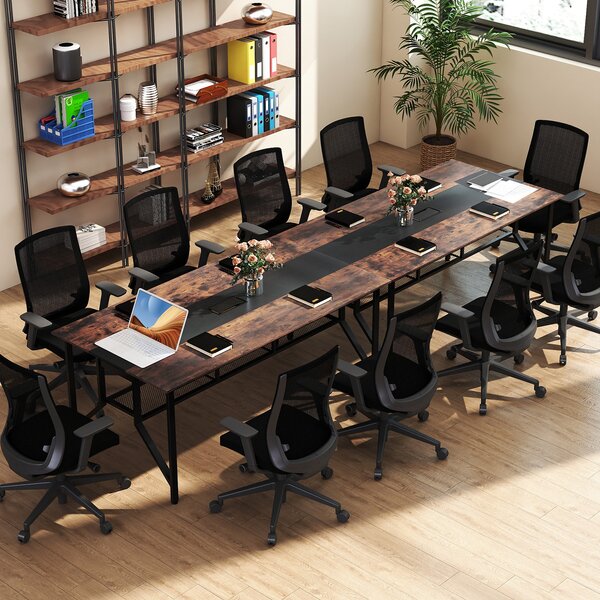 Costway Tavolo da conferenza con ripiano portaoggetti e cassettiera, Scrivania industriale per 6-8 persone ufficio e sala riunioni 180 x 96 cm