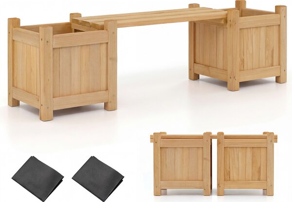 Costway Cassetta per fiori in legno con panchina e base aperta, Fioriera elevata per vasi patio cortile veranda Naturale