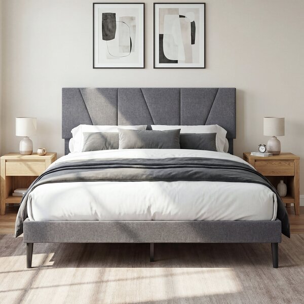 Costway Struttura letto matrimoniale piattaforma silenziosa con testiera regolabile in altezza, Letto piattaforma rivestita in lino 140x200 cm Grigio scuro