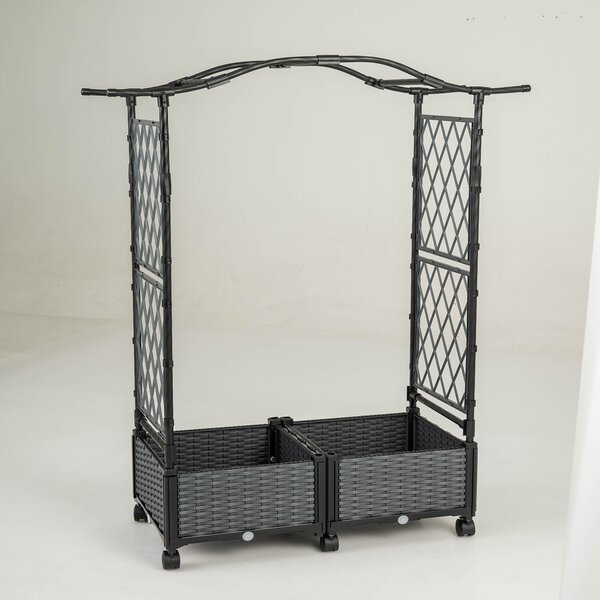 Costway Cassette per piante con irrigazione automatica graticcio e tetto, letto da giardino rialzato su ruote bloccatili rattan impermeabile Grigio