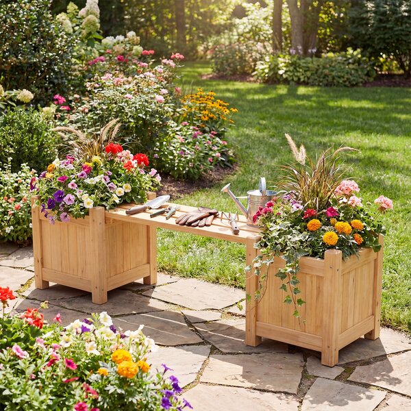 Costway Cassetta per fiori in legno con panchina e base aperta, Fioriera elevata per vasi patio cortile veranda Naturale