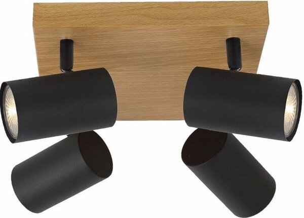 Faretto da soffitto Quentin, legno chiaro e nero, 4xGU10x12W, metallo, dimensioni: 12x25x25 cm, IP20, Reality