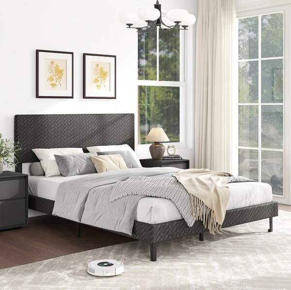 Costway Telaio letto a piattaforma imbottito in lino con testiera chevron regolabile in altezza, Telaio letto a piattaforma silenzioso larghezza 164,5 cm