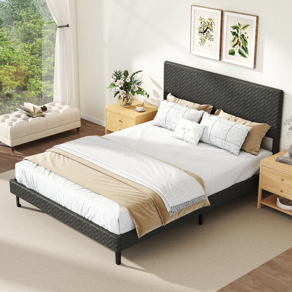Costway Telaio letto a piattaforma imbottito in lino con testiera chevron regolabile in altezza, Telaio letto a piattaforma silenzioso larghezza 164,5 cm