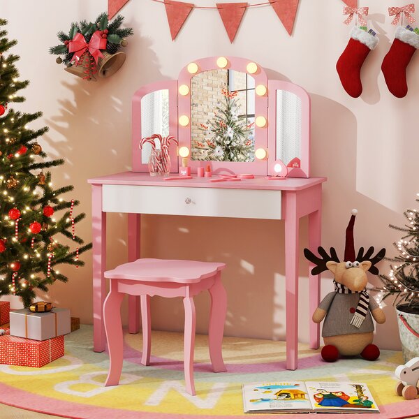 Costway Set tavolo trucco bambini 2 in 1 principessa specchio 3 pieghe luci led, Set sgabello legno bambine 3+ anni gioco creativo regalo Rosa