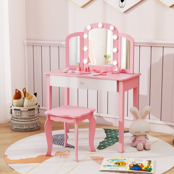 Costway Set tavolo trucco bambini 2 in 1 principessa specchio 3 pieghe luci led, Set sgabello legno bambine 3+ anni gioco creativo regalo Rosa