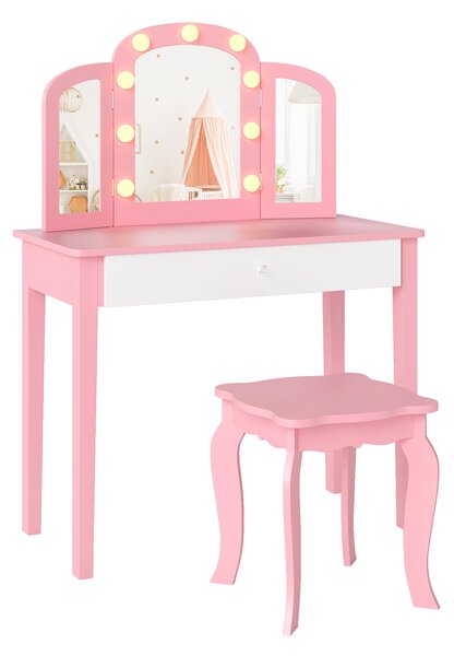 Costway Set tavolo trucco bambini 2 in 1 principessa specchio 3 pieghe luci led, Set sgabello legno bambine 3+ anni gioco creativo regalo Rosa