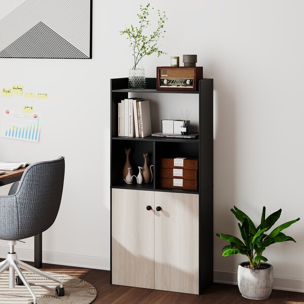 Costway Armadio da 5 ripiani in legno con 2 ripiani aperti 2 scomparti, Libreria alta 140 cm con ante per camera soggiorno studio Marrone