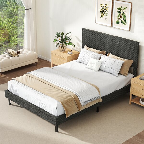 Costway Telaio letto a piattaforma imbottito in lino con testiera chevron regolabile in altezza, Telaio letto a piattaforma silenzioso larghezza 144,5 cm