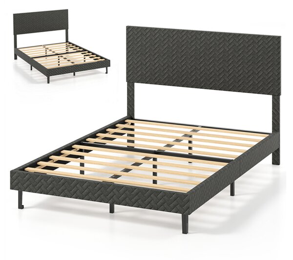 Costway Telaio letto a piattaforma imbottito in lino con testiera chevron regolabile in altezza, Telaio letto a piattaforma silenzioso larghezza 144,5 cm