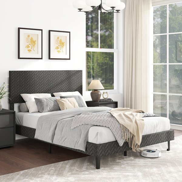 Costway Telaio letto a piattaforma imbottito in lino con testiera chevron regolabile in altezza, Telaio letto a piattaforma silenzioso larghezza 144,5 cm