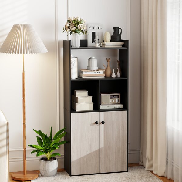 Costway Armadio da 5 ripiani in legno con 2 ripiani aperti 2 scomparti, Libreria alta 140 cm con ante per camera soggiorno studio Marrone