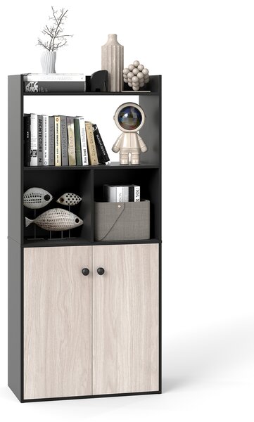 Costway Armadio da 5 ripiani in legno con 2 ripiani aperti 2 scomparti, Libreria alta 140 cm con ante per camera soggiorno studio Marrone