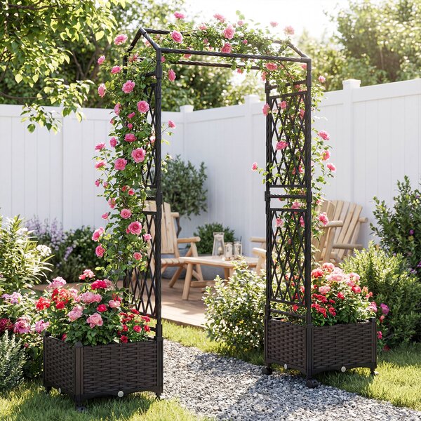 Costway Cassetta per piante con irrigazione automatica letto rialzato stabile su ruote bloccabili, Vaso da esterno con grigliato tetto in rattan impermeabile Marrone