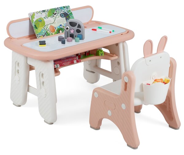 Costway Tavolo e sedia per bambini con mensola ribaltabile lavagna magnetica cancellabile, Tavolo e sedia per imparare Rosa
