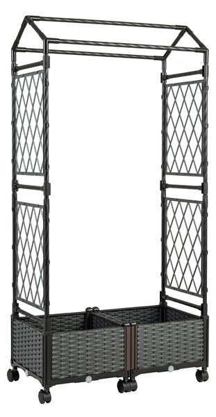 Costway Cassetta per piante con irrigazione automatica letto rialzato stabile su ruote bloccabili, Vaso da esterno con grigliato tetto in rattan impermeabile Grigio