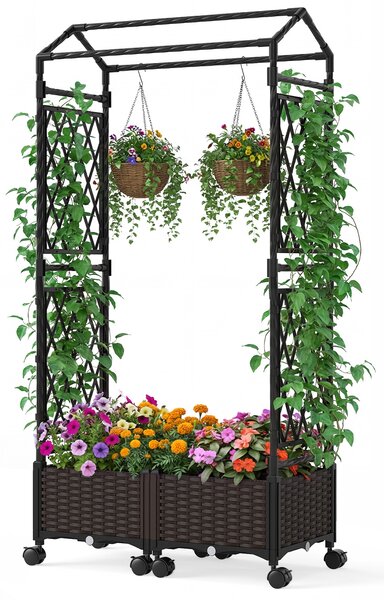 Costway Cassetta per piante con irrigazione automatica letto rialzato stabile su ruote bloccabili, Vaso da esterno con grigliato tetto in rattan impermeabile Marrone