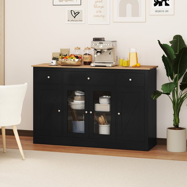 Costway Buffet laterale grande 140 cm con 3 cassetti 2 ante trasparenti, Mobiletto moderno con ripiani regolabili per sala pranzo Nero