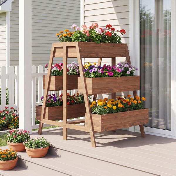 Costway Orto rialzato a più livelli in legno rivestito per interno ed esterno giardino patio balcone, Supporto per piante contenitore scaffale per serre Caffè