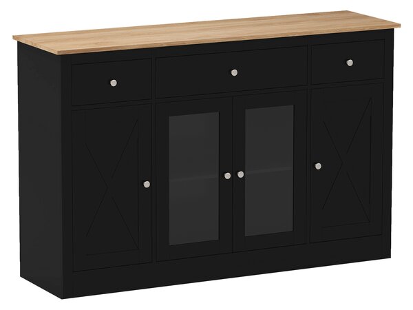 Costway Buffet laterale grande 140 cm con 3 cassetti 2 ante trasparenti, Mobiletto moderno con ripiani regolabili per sala pranzo Nero