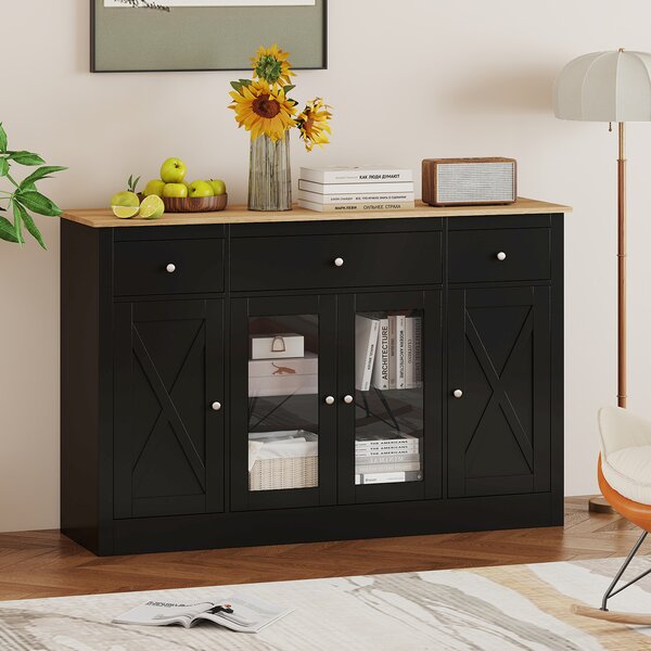 Costway Buffet laterale grande 140 cm con 3 cassetti 2 ante trasparenti, Mobiletto moderno con ripiani regolabili per sala pranzo Nero