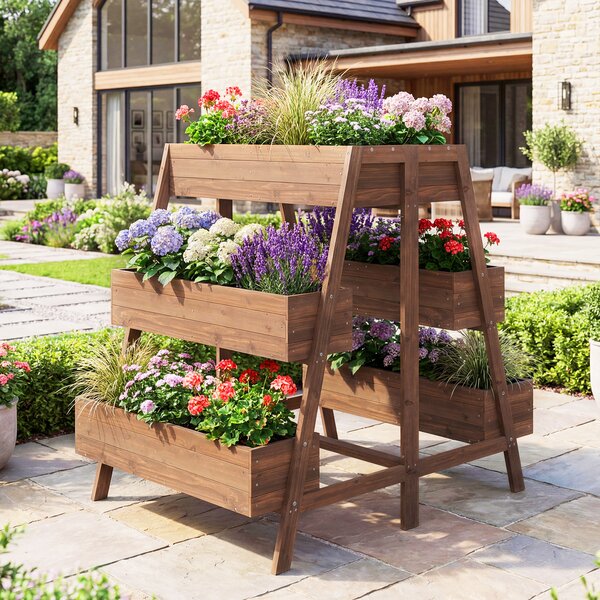 Costway Orto rialzato a più livelli in legno rivestito per interno ed esterno giardino patio balcone, Supporto per piante contenitore scaffale per serre Caffè