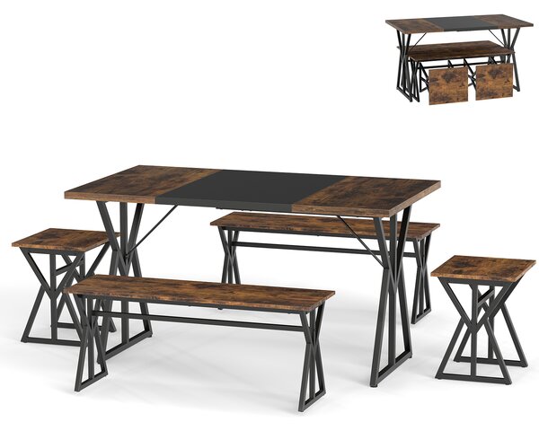Costway Set pranzo 5 pezzi 4-6 persone metallo industriale rettangolare cucina, Set tavolo 2 panchi 2 sgabelli salvaspazio appartamento colazione