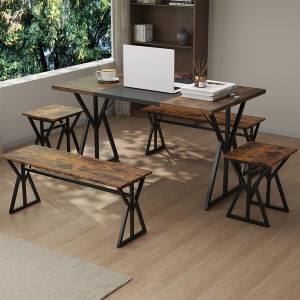 Costway Set pranzo 5 pezzi 4-6 persone metallo industriale rettangolare cucina, Set tavolo 2 panchi 2 sgabelli salvaspazio appartamento colazione