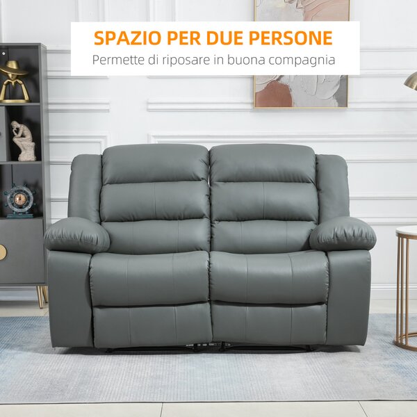 HOMCOM Divano 2 Posti Reclinabile di 135° e Imbottito con Schienale Diviso e Poggiapiedi Incluso, in Pelle PVC e Acciaio, 168x93x102 cm, Grigio|Aosom