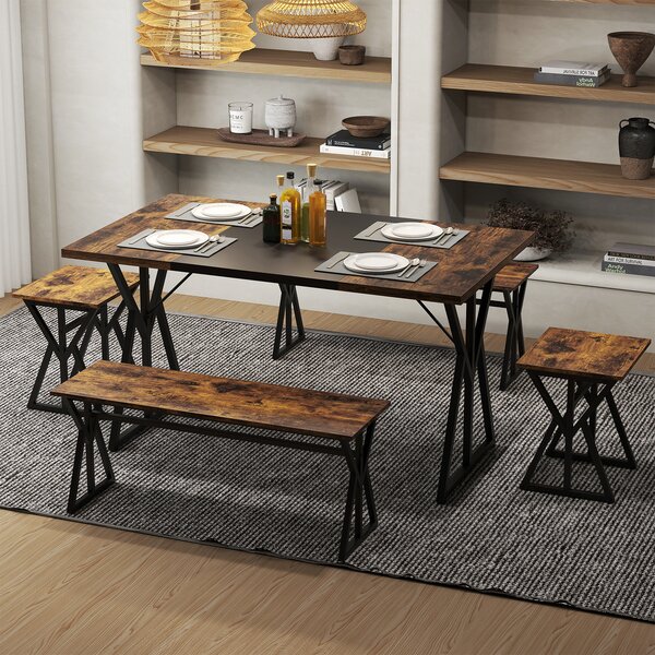 Costway Set pranzo 5 pezzi 4-6 persone metallo industriale rettangolare cucina, Set tavolo 2 panchi 2 sgabelli salvaspazio appartamento colazione