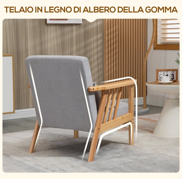 HOMCOM Poltrona Moderna con Cuscino, Sedia Rivestimento Vellutato e Struttura in Legno, 68x75x78cm, Grigio | Aosom Italy