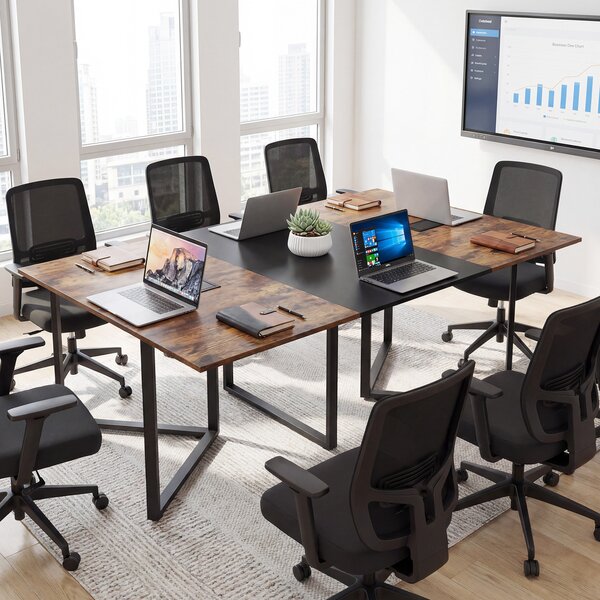 Costway Tavolo da conferenza 180 cm 180x100x76,5 cm 6-8 persone 2 passacavi, Postazione lavoro industriale grande per ufficio sala riunioni