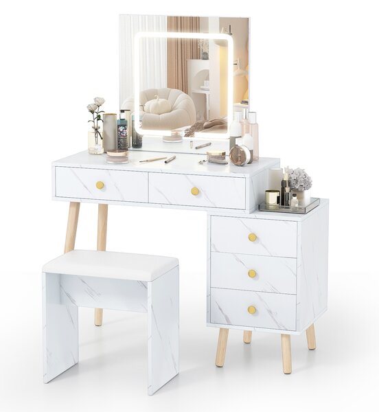 Costway Toeletta con specchio e luci regolabile 5 cassetti finta marmo legno, Set tavolo trucco sgabello morbido imbottito moderno