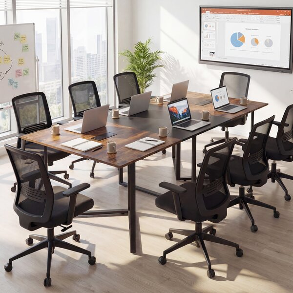 Costway Tavolo da conferenza 180 cm 180x100x76,5 cm 6-8 persone 2 passacavi, Postazione lavoro industriale grande per ufficio sala riunioni