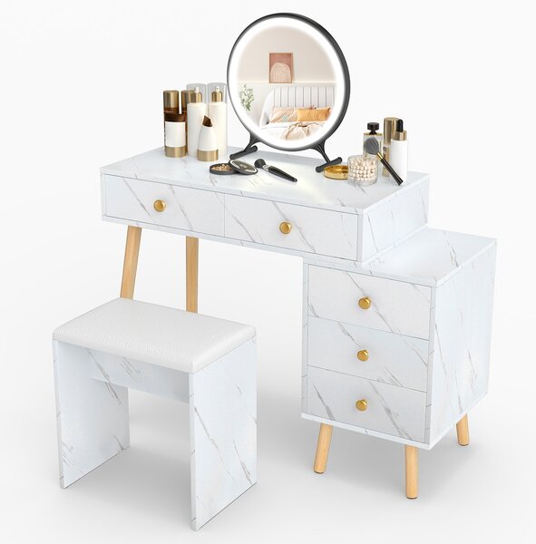 Costway Tavolo da trucco specchio rimovibile luci 3 modalità 5 cassetti marmo finto gambe legno, Set toeletta sgabello morbido imbottito