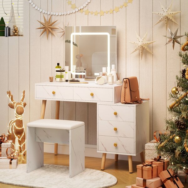 Costway Toeletta con specchio e luci regolabile 5 cassetti finta marmo legno, Set tavolo trucco sgabello morbido imbottito moderno