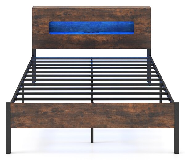 Costway Struttura letto luci led testiera contenitore prese di corrente 200x140cm, Letto piattaforma a doghe metallo senza molle