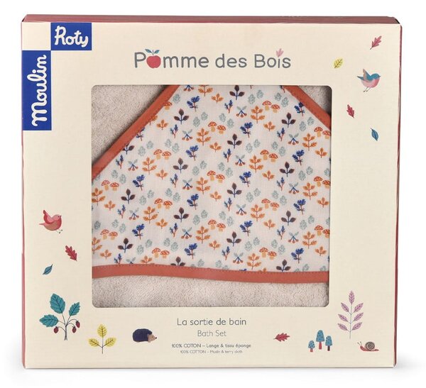Asciugamano con cappuccio da bambini color crema in cotone 80x80 cm Pomme des Bois – Moulin Roty