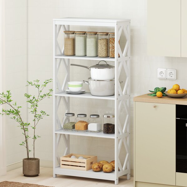 Costway Libreria alta 5 ripiani legno romboidale scaffale espositivo aperto, Libreria moderna autoportante bianca ufficio soggiorno camera da letto