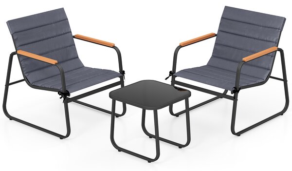 Costway Set bistrò 3 pezzi patio esterno vetro temperato cuscino rimovibile metallo robusto, Set da conversazione mobili per terrazza giardino cortile