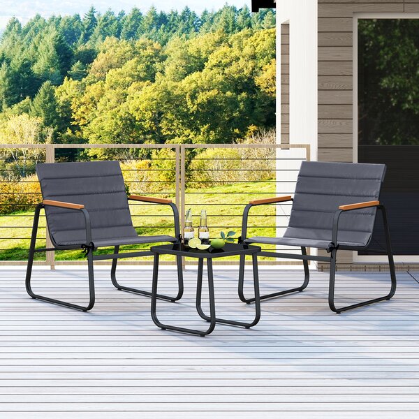 Costway Set bistrò 3 pezzi patio esterno vetro temperato cuscino rimovibile metallo robusto, Set da conversazione mobili per terrazza giardino cortile