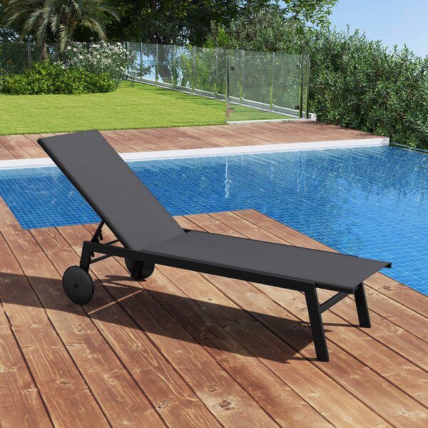 Costway Sdraio patio ruote poltrona reclinabile 6 posizioni schienale regolabile, Sdraio tessuto traspirante prendisole piscina terrazza giardino Grigio