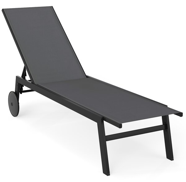 Costway Sdraio patio ruote poltrona reclinabile 6 posizioni schienale regolabile, Sdraio tessuto traspirante prendisole piscina terrazza giardino Grigio