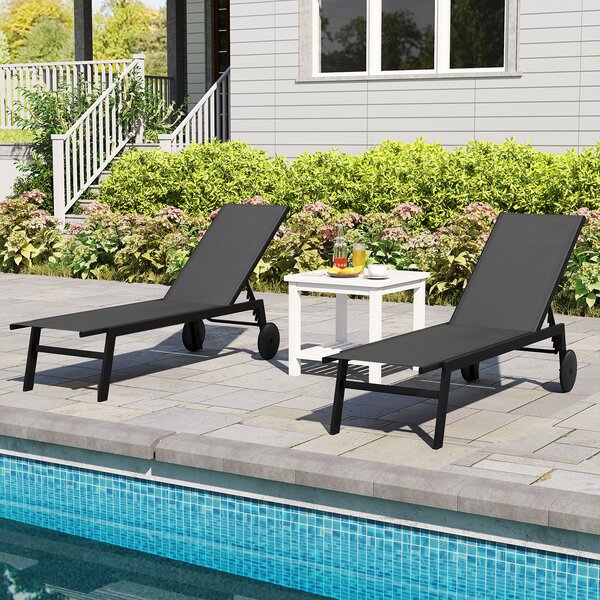 Costway Sdraio patio ruote poltrona reclinabile 6 posizioni schienale regolabile, Sdraio tessuto traspirante prendisole piscina terrazza giardino Grigio